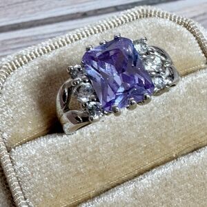 Amethyst Glass Purple Cocktail Ring Silver Plated Ring Size 7